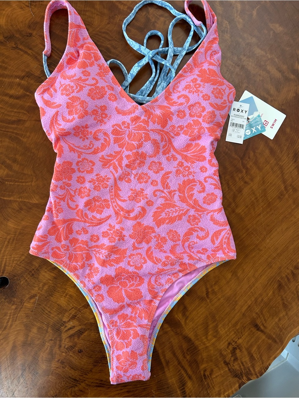 ROXY Tapestry Patchwork Reversible One Piece Swimsuit Plunge Tie Back S SP25